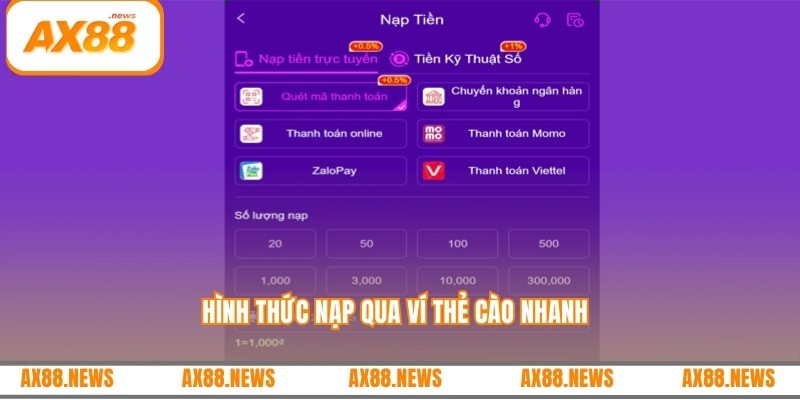 Hình thức nạp qua ví thẻ cào nhanh